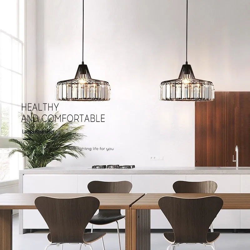Black and gold iron crystal chandelier LED ceiling lamp with full spectrum light on a white background.