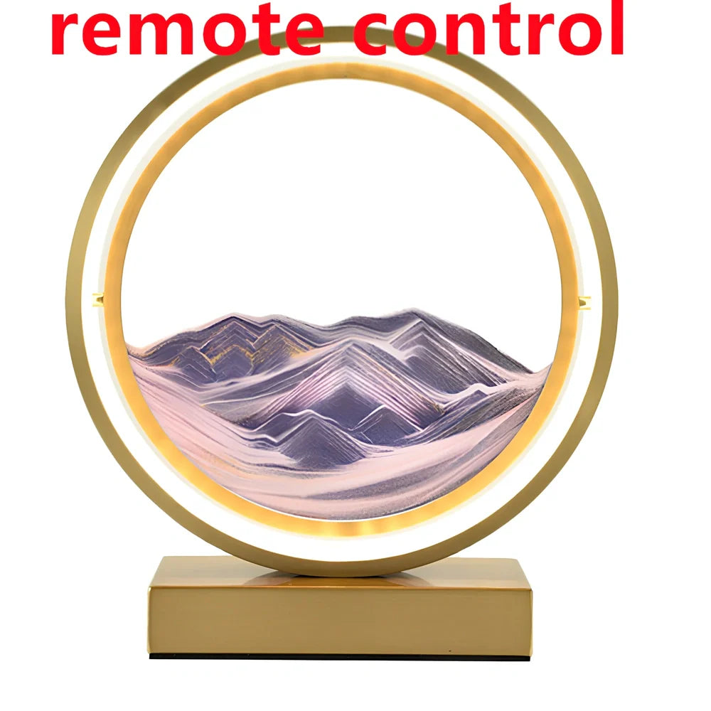 Black and white quicksand table lamp, 295mm tall with LED lights and remote control, coloured sand in glass chamber