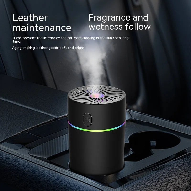 Compact car USB humidifier with aromatherapy function, showing plug-in and battery models in black and white colours