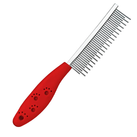 Red dematting comb with stainless steel pins, dual-length teeth, and plastic anti-slip handle for pet grooming