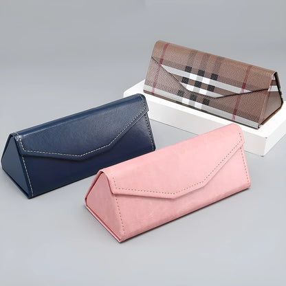 Handmade triangle folding PU cowhide glasses case in multiple colours measuring 160x66x16mm