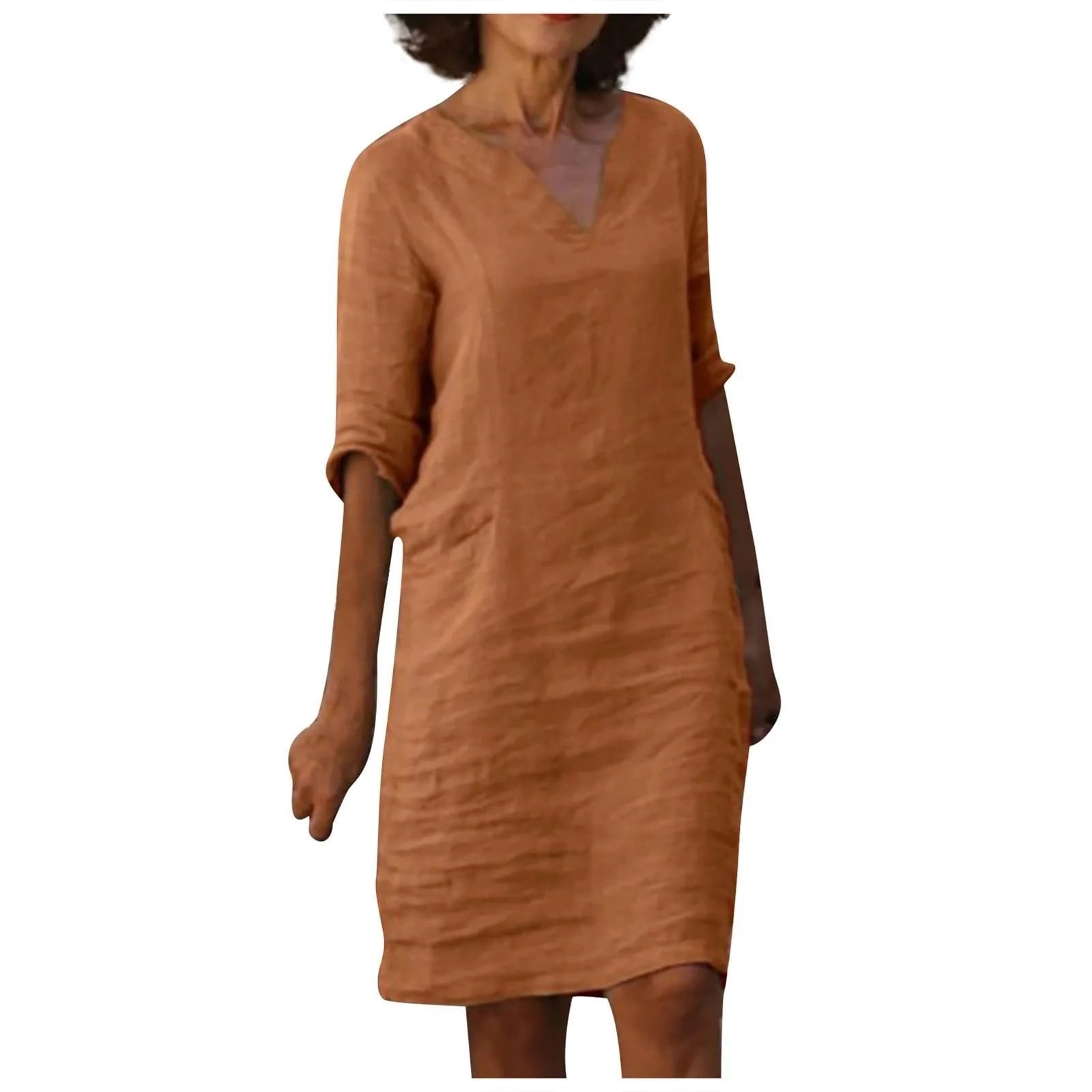 Retro cotton and linen V-neck dress with high waist and summer stitching in various colors