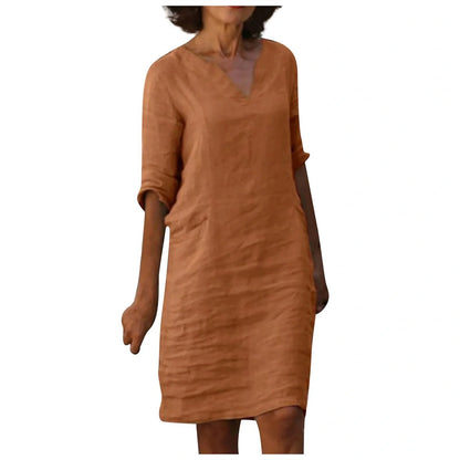 Retro cotton and linen V-neck dress with high waist and summer stitching in various colors