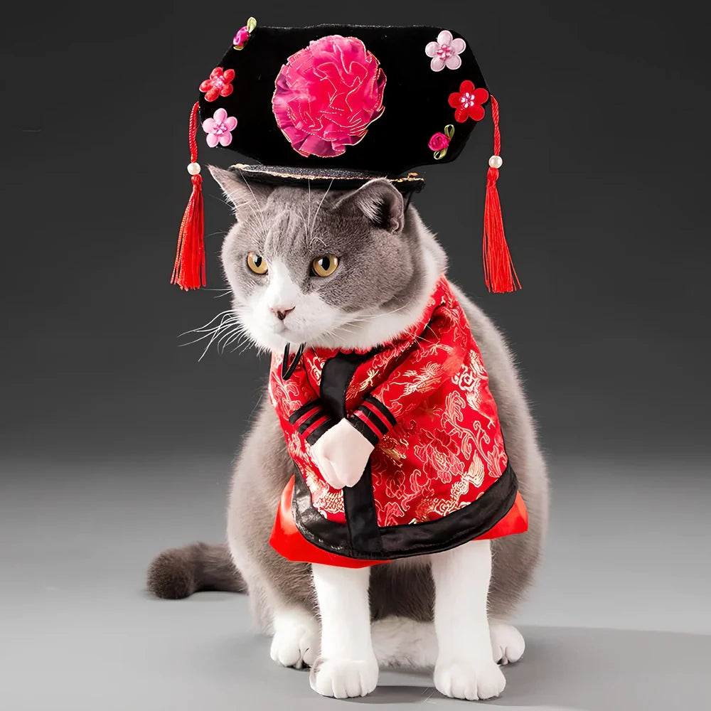 Polyester cat costume in character design with size label showing bust and neck measurements