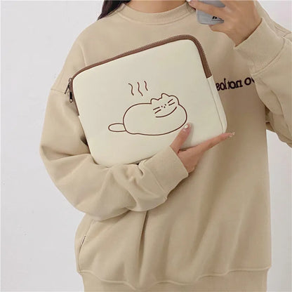 Embroidered animal tablet protective sleeve with zipper closure in fat cat or sleepy cat design, sizes 27x20cm and 34x26cm