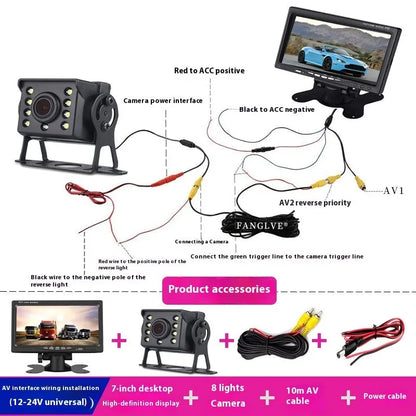 7-inch car monitor and reversing display with camera and video cable, TFT screen, ABS housing, desktop or rearview mirror fitting.