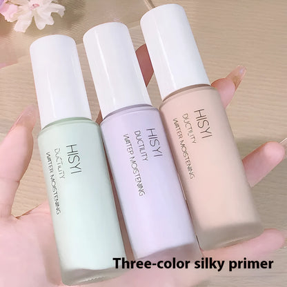 HISYI Silky Clear Makeup Primer bottle showing three shade options 01, 02, 03 for brightening skin.