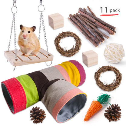 Assortment of wooden and natural fibre chew toys for small pets including balls, rings and woven shapes.