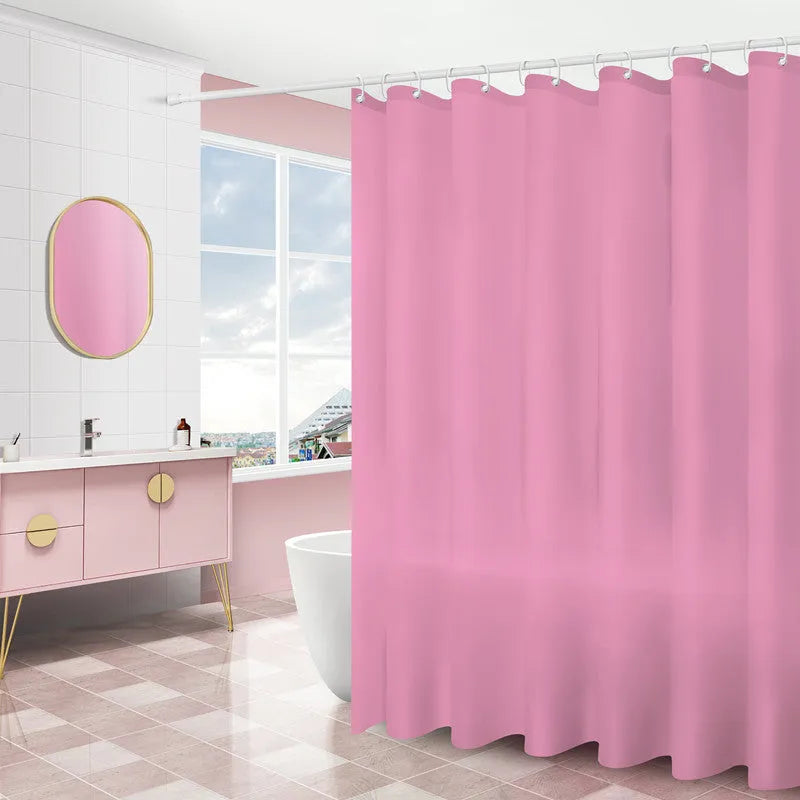 PEVA shower curtain with geometric abstract pattern and stainless steel buttonholes, available in multiple sizes and colours