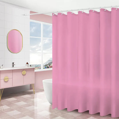 PEVA shower curtain with geometric abstract pattern and stainless steel buttonholes, available in multiple sizes and colours