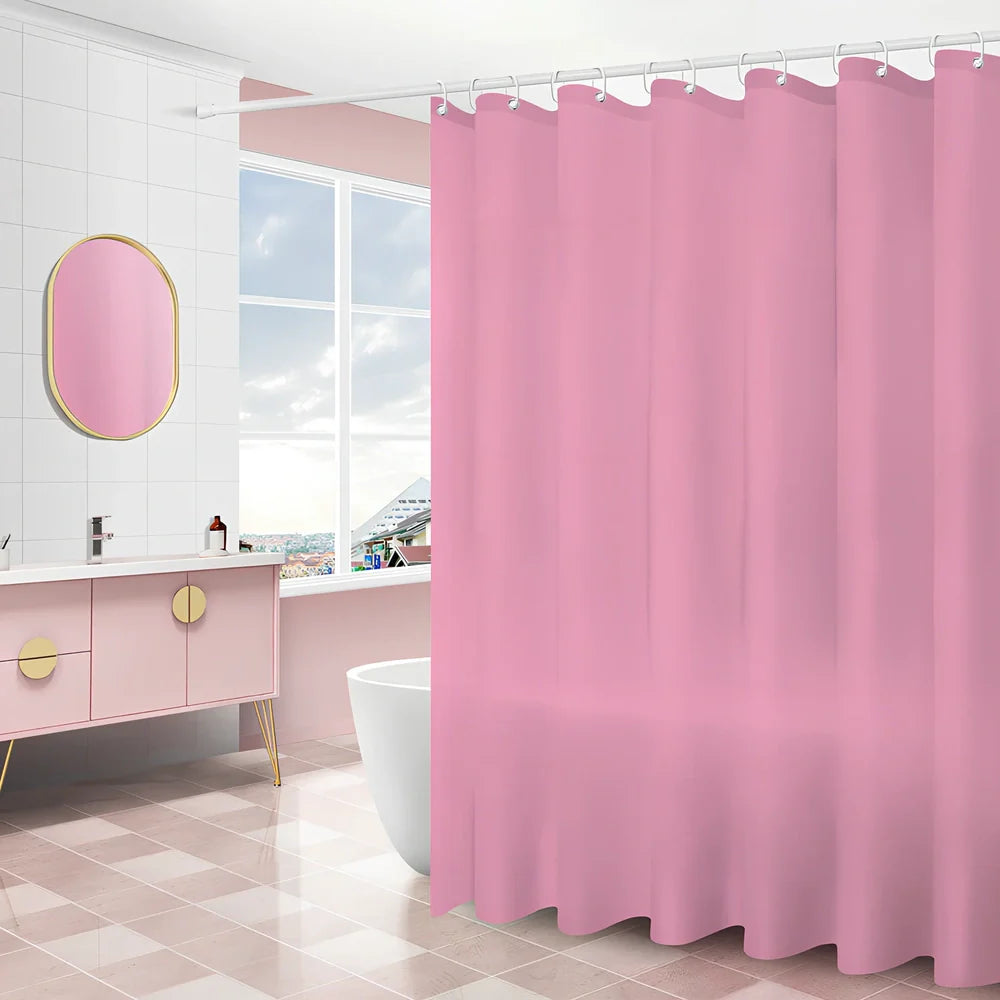 PEVA shower curtain with geometric pattern and stainless steel buttonholes in bathroom setting