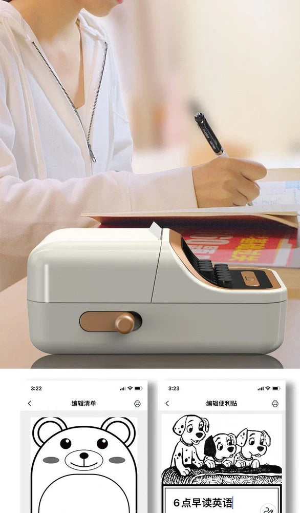 Portable thermal Bluetooth label printer measuring 135x92x60mm with included adhesive label rolls