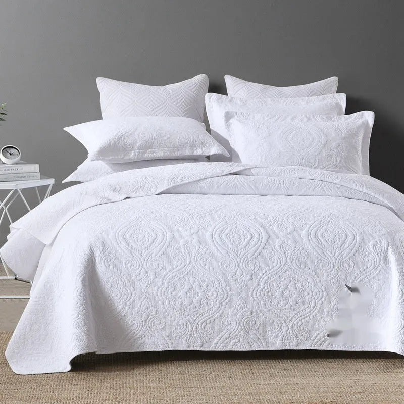 Double-sided pure cotton bed cover three-piece set with Damascus pattern in beige and yellow colour scheme