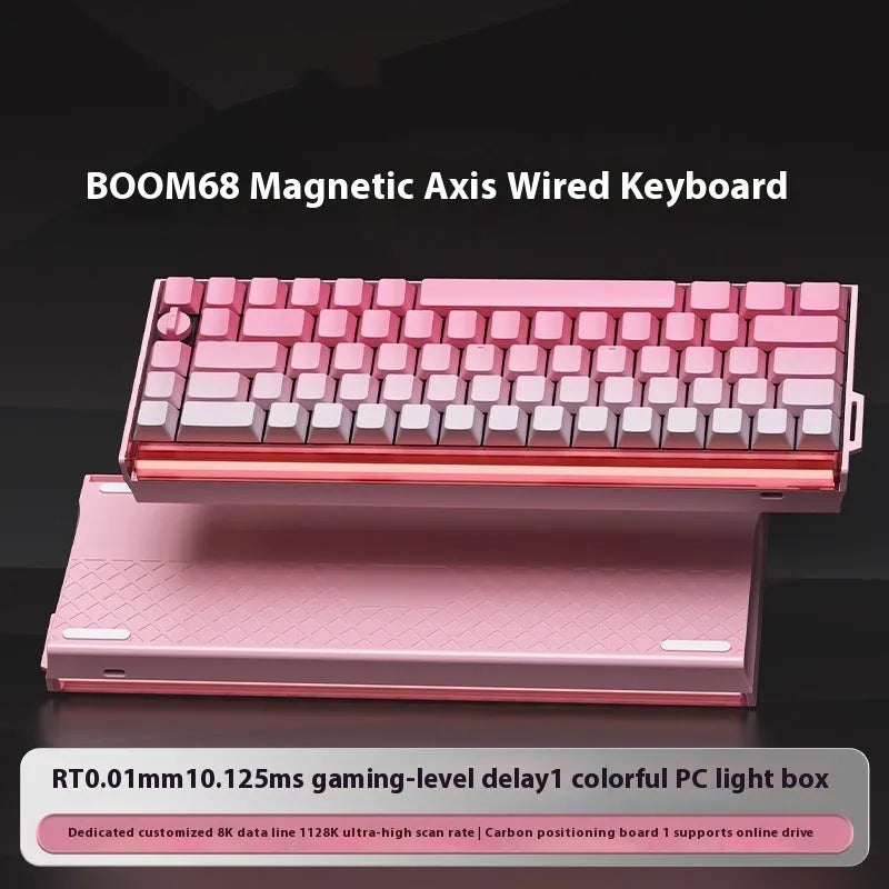 BOOM68 magnetic axis mechanical keyboard with 68-key compact layout and RGB backlighting on gaming desk