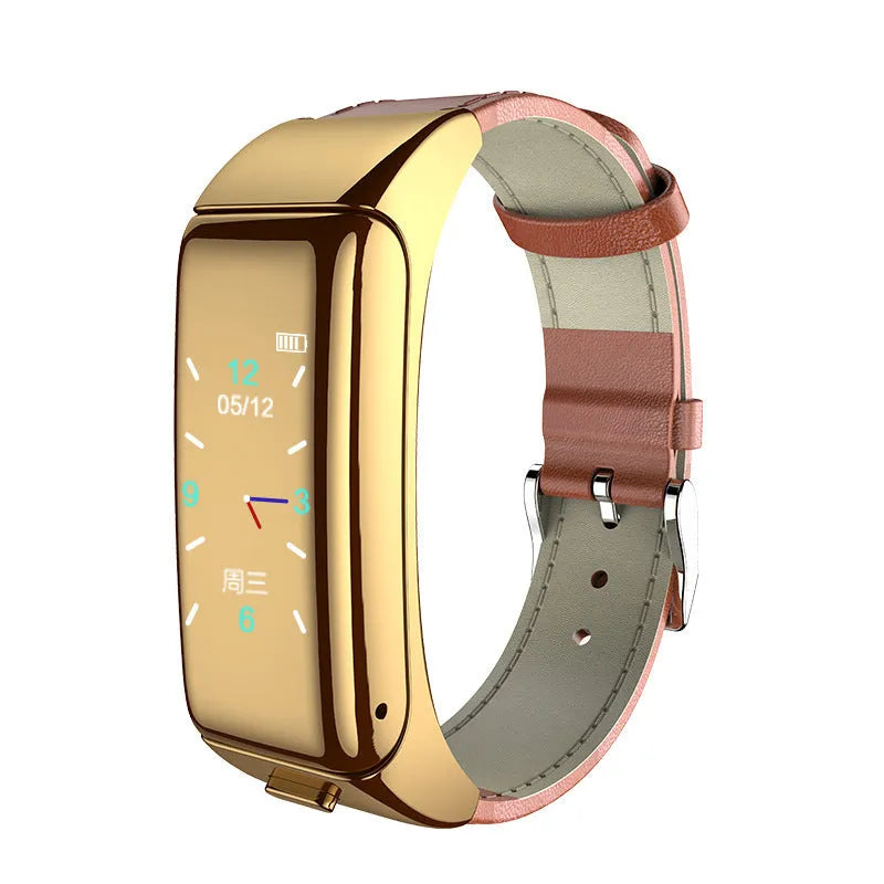 Two-in-one Bluetooth headset smart watch with zinc alloy backing, black leather strap, and magnetic charging cable.