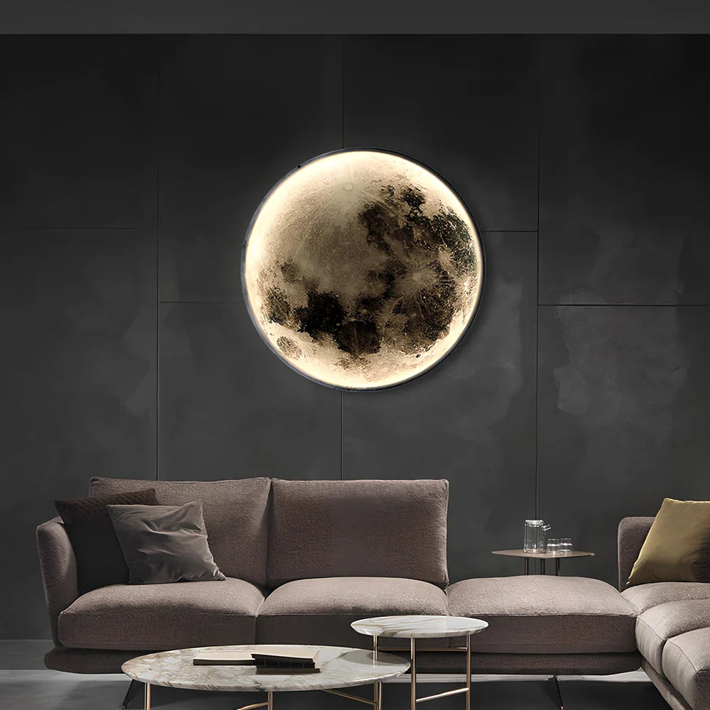 Moon wall lamp with 300mm diameter and warm dimmable light mounted on bedroom wall