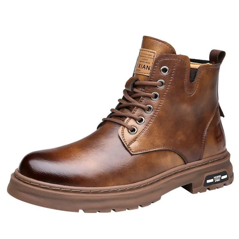Men's British Martin boots in black or brown, lace-up front, thick rubber sole, sizes 38-45.