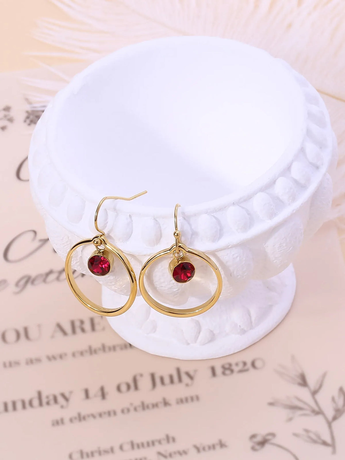 Titanium steel circle earrings with zirconia inlays, gold tone, unisex U-shape geometric and zodiac styles