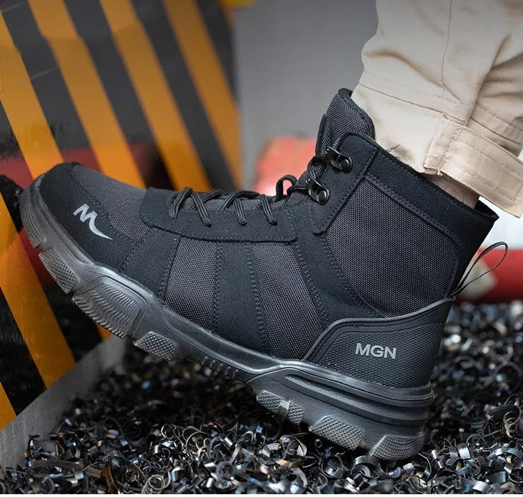 High-top protective shoes with steel toe and anti-puncture sole in black and beige