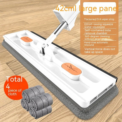 360° Rotating Flat Mop with Stainless Steel Handle and Self-Contained Dewatering Scraper for Effortless Floor Cleaning
