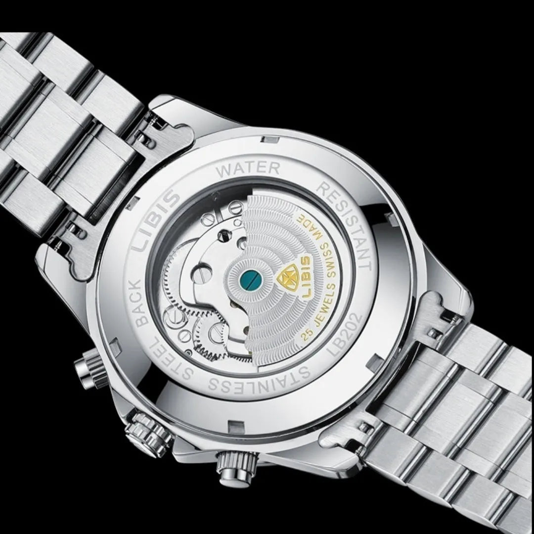 Men's automatic perpetual calendar watch with silver steel belt and sapphire crystal glass mirror