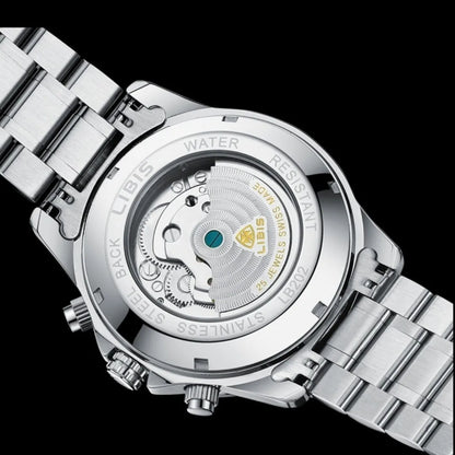 Men's automatic perpetual calendar watch with silver steel belt and sapphire crystal glass mirror