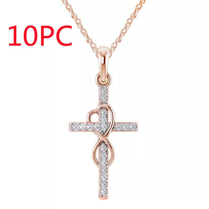 Alloy pendant necklace with diamond and eight-character cross design in gold, silver, and rose gold