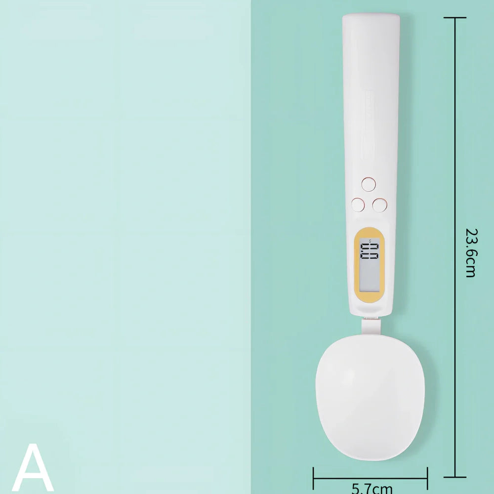 Digital kitchen spoon scale showing measurement display and USB charging port