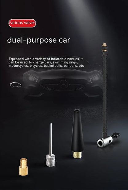 Red and black portable car wireless air pump with nozzle attachments and power cable
