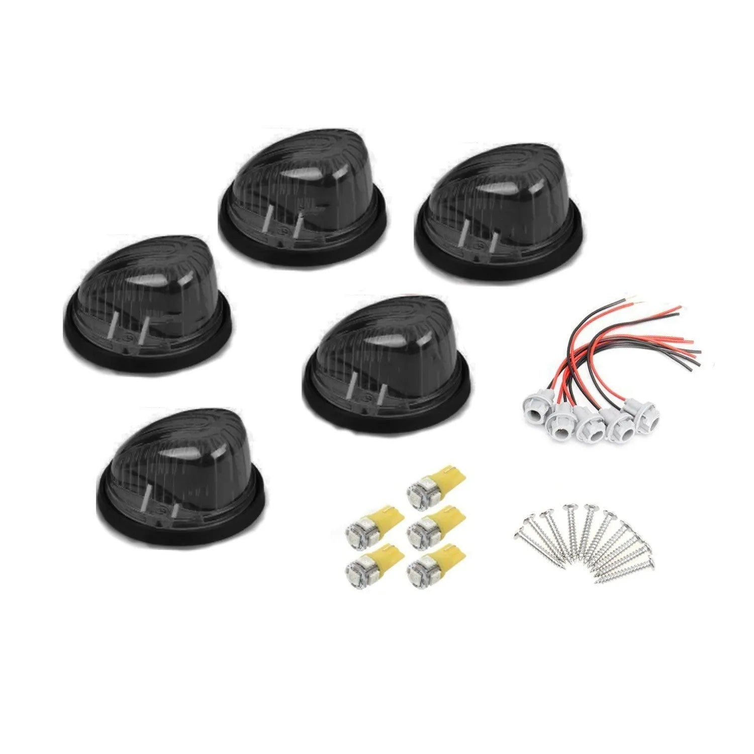 Yellow LED roof cab light kit for vehicles with PC lens, 83mm diameter, and installation components