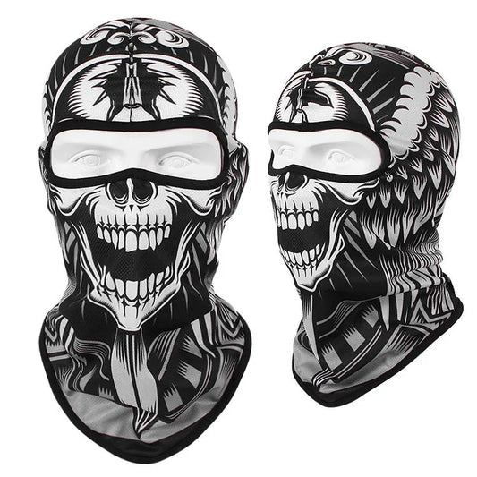 Motorcycle breathable skull mask in Bakool silk fabric showing 36x29cm dimensions and skull pattern design