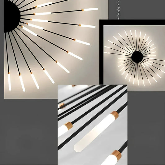 Ceiling room light with decorative iron framework and multiple bulb heads in gold or sand black finish