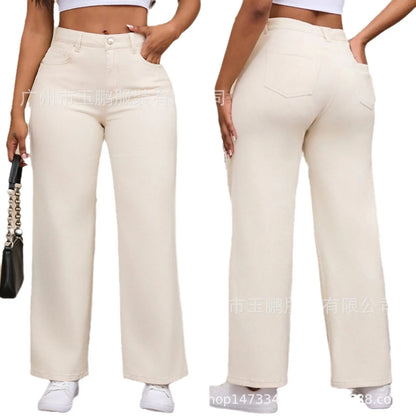 Women's autumn straight jeans in apricot colour showing high waist design and wide leg cut on mannequin