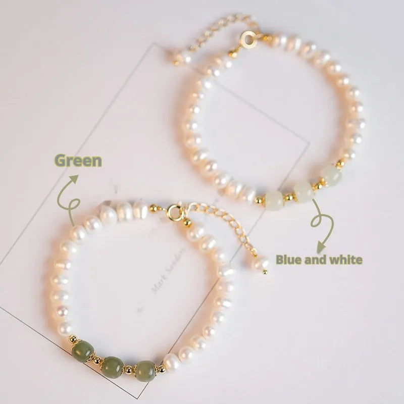 Natural freshwater pearl bracelet with diamond-shaped beads in a Korean style, shown in deep Hetian jade colour.