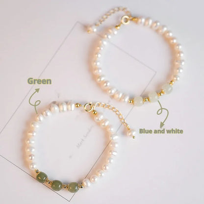 Natural freshwater pearl bracelet with diamond-shaped beads in a Korean style, shown in deep Hetian jade colour.