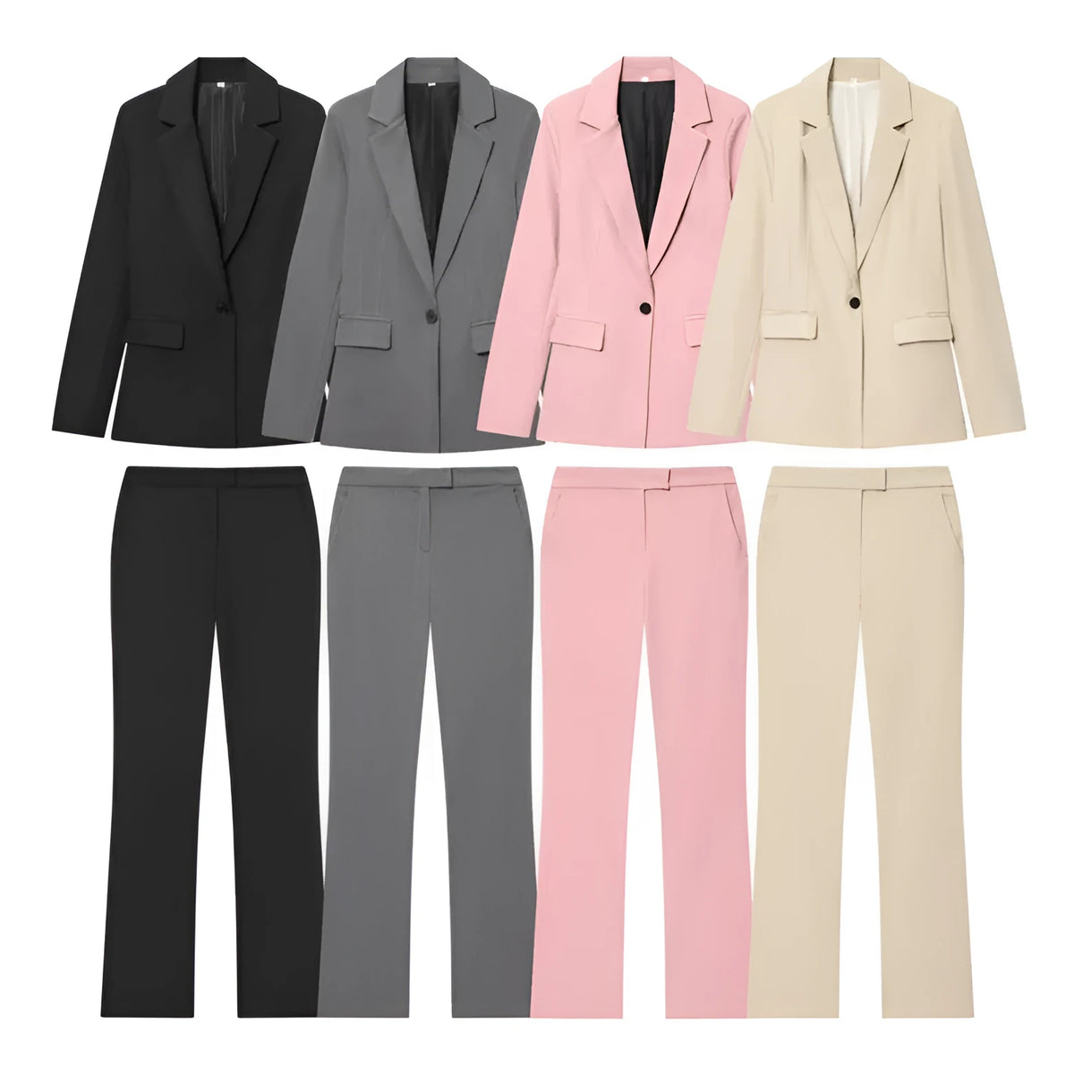 Women's slim-fit two-piece suit set with long-sleeve button jacket and flared pants in black, grey, pink, or apricot, sizes XS to L