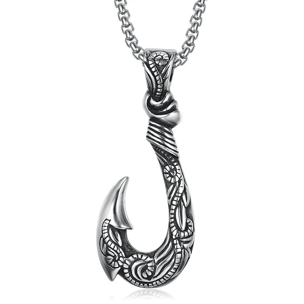 Vintage titanium steel fish hook pendant with snake chain, perfect for unisex fashion.