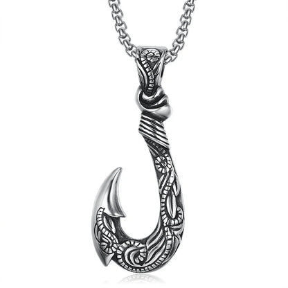 Vintage titanium steel fish hook pendant with snake chain, perfect for unisex fashion.