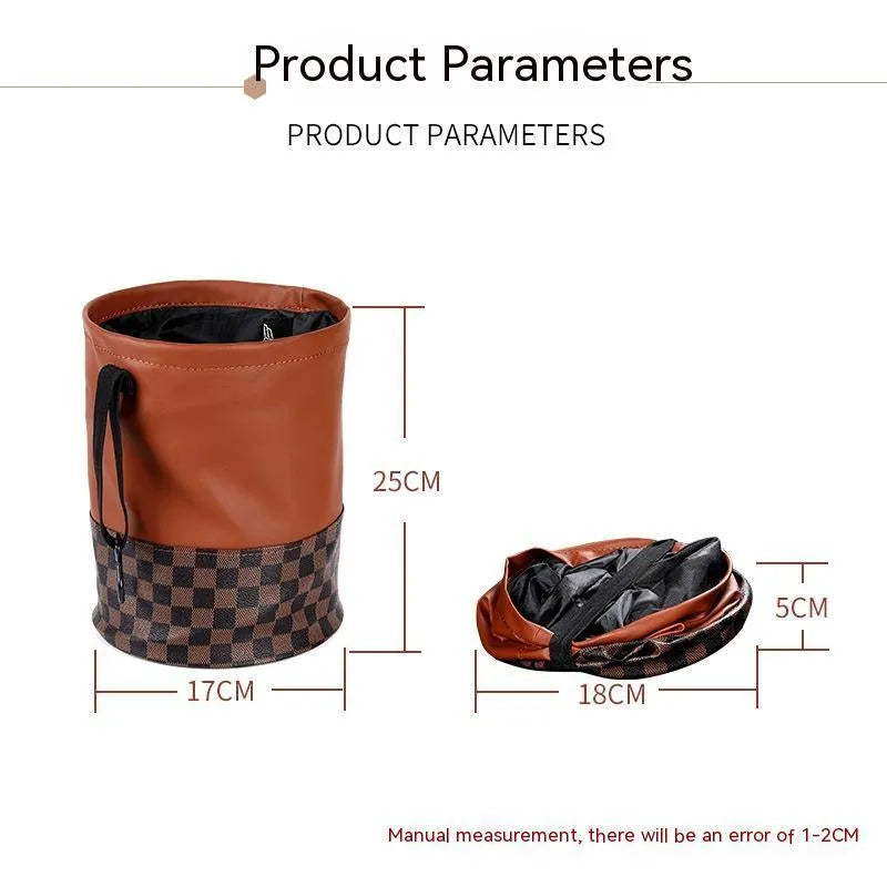 Black leather foldable car rubbish bin with a handle, shown empty.