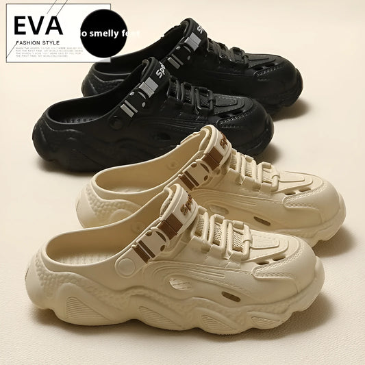 Men's khaki outdoor slippers with hollow-out design and textured EVA sole on a wooden deck