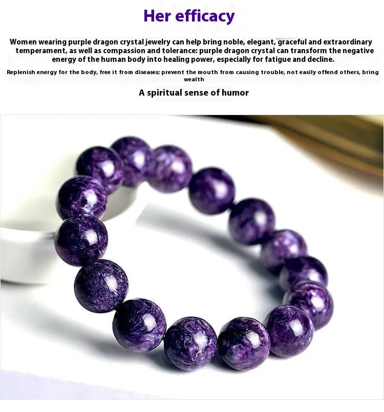 Natural transparent charoite crystal bracelet with platinum setting, available in 6mm, 8mm, 10mm, and 12mm bead sizes