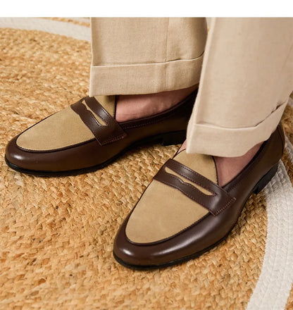Coffee grey suede leather loafers with rubber sole and kick closure in British style