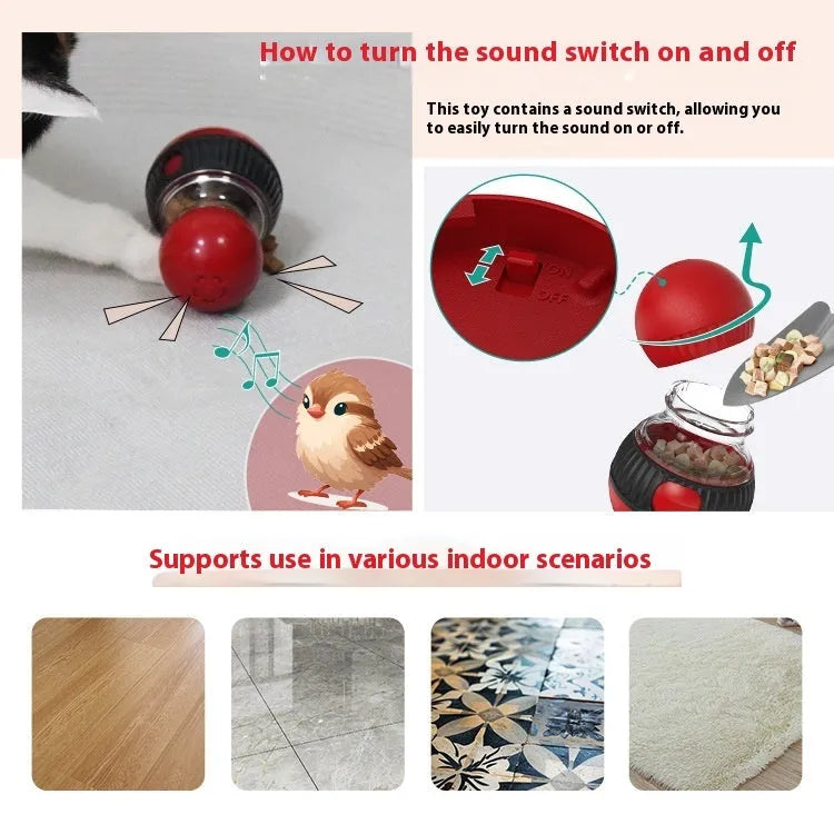 Colourful rotating plastic cat toy ball with treat dispenser and sound, shown next to a cat.