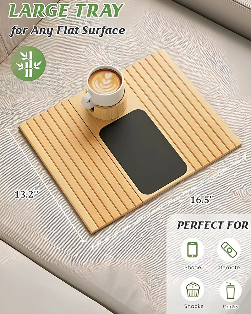 Bamboo sofa tray with cup holder on furniture, 45cm length, natural wood finish