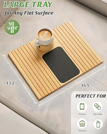 Bamboo sofa tray with cup holder on furniture, 45cm length, natural wood finish