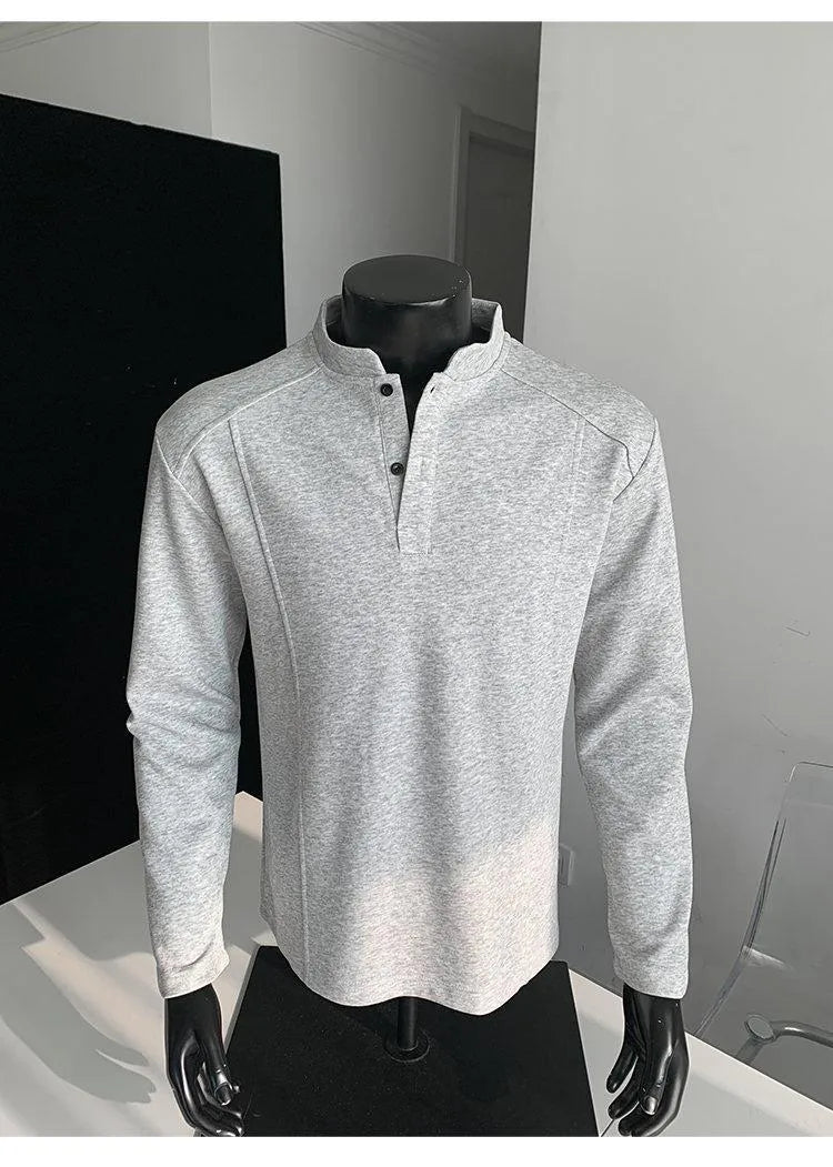 Men's asymmetric stand-up collar polo shirt with patchwork shoulders in Chinese cotton, available in three colours and seven sizes