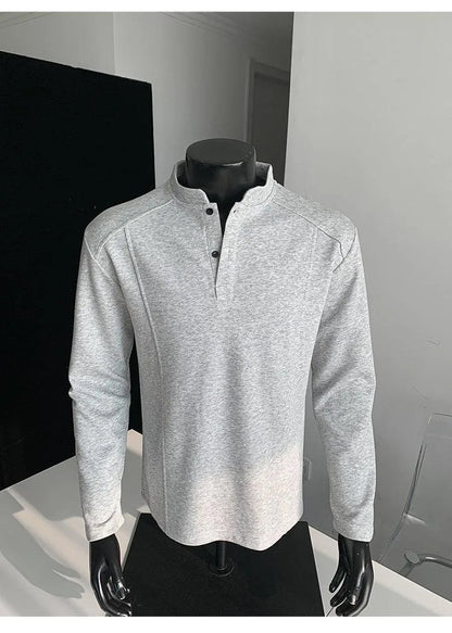 Men's asymmetric stand-up collar polo shirt with patchwork shoulders in Chinese cotton, available in three colours and seven sizes