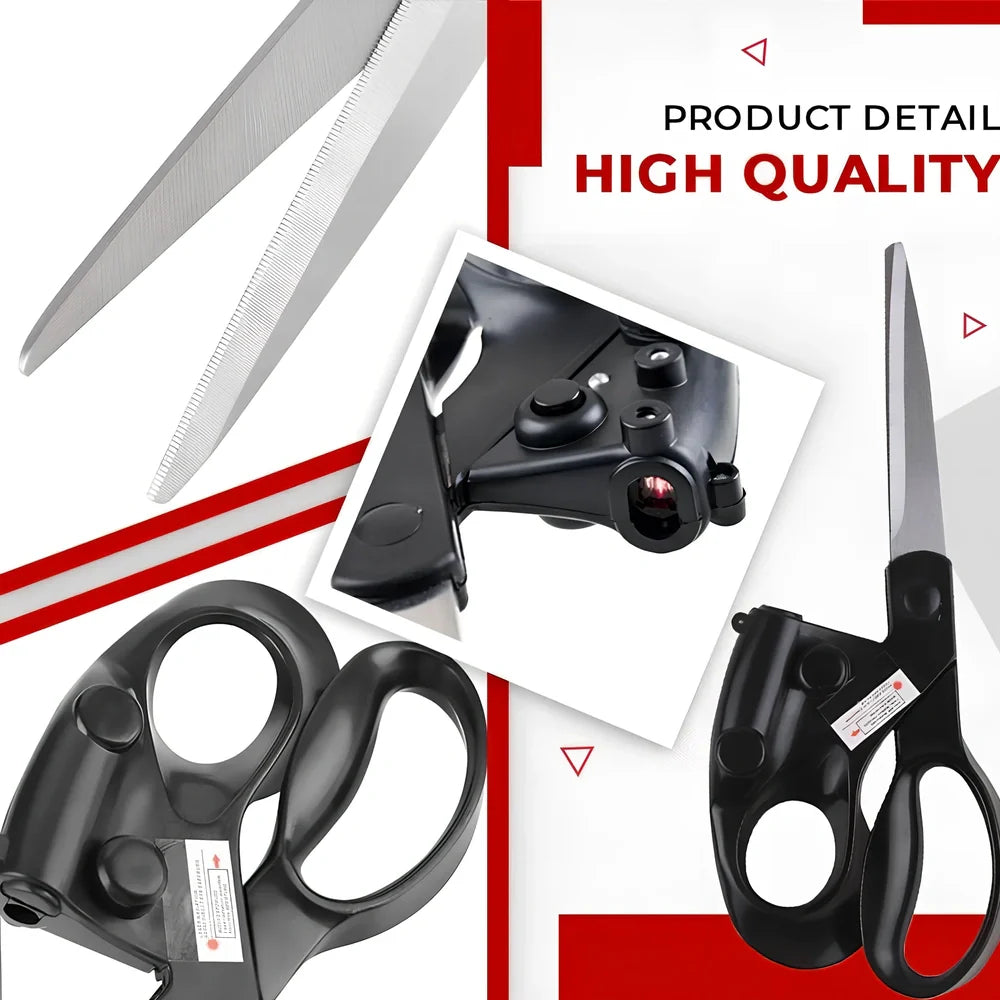 Black laser-guided scissors with red beam cutting straight line on wrapping paper