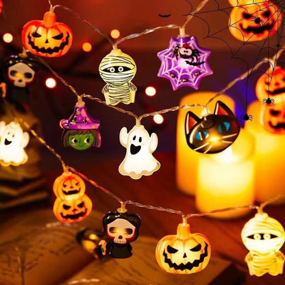 Warm glowing Halloween lighting chain with pumpkins, ghosts, and bats for indoor and outdoor decoration