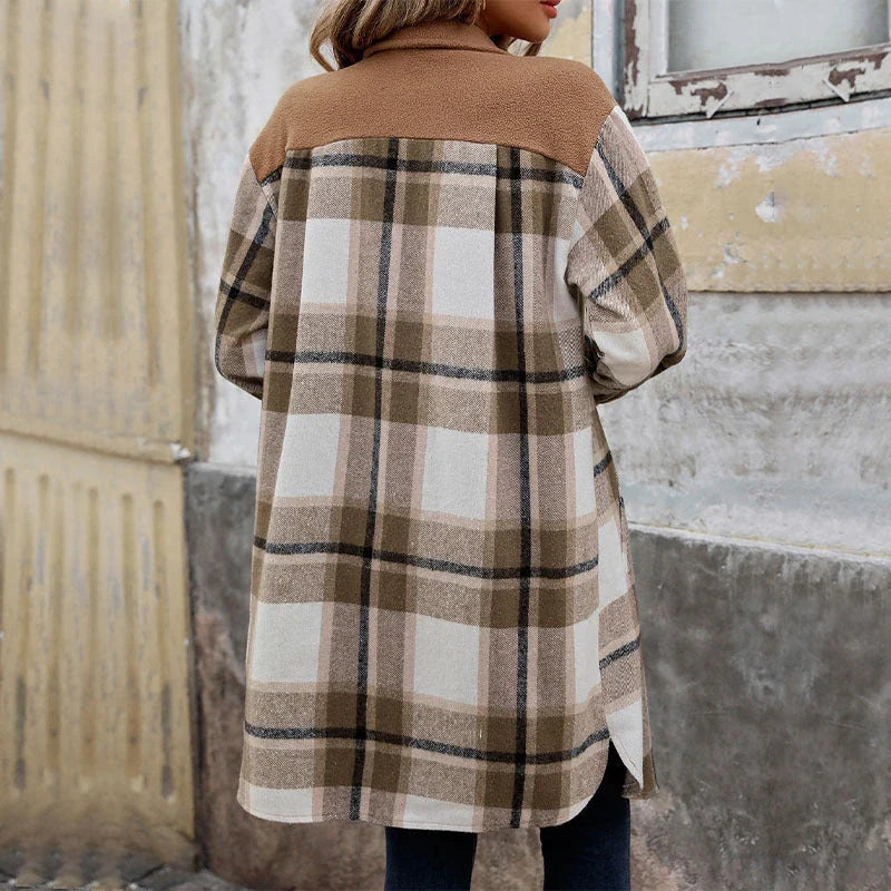 Stylish brushed plaid long coat with pockets for women, available in coffee, grey, and wine red colors